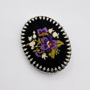 Vintage Black Purple Green Silver Floral Embroidered Needlepoint Oval Brooch